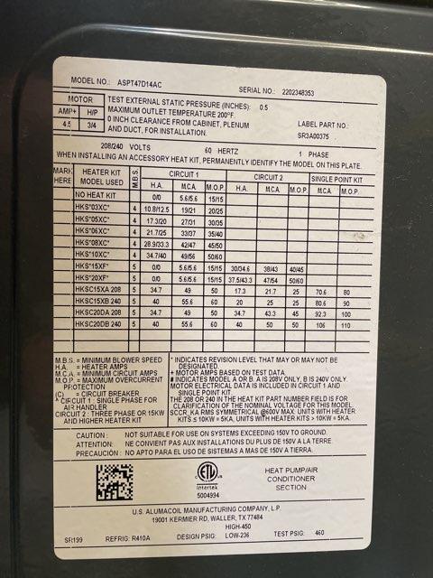 3.5 Ton AC/HP ASPT Series Multiposition Variable Speed ECM Air Handler 208/230/60/1 R-410A CFM 1720