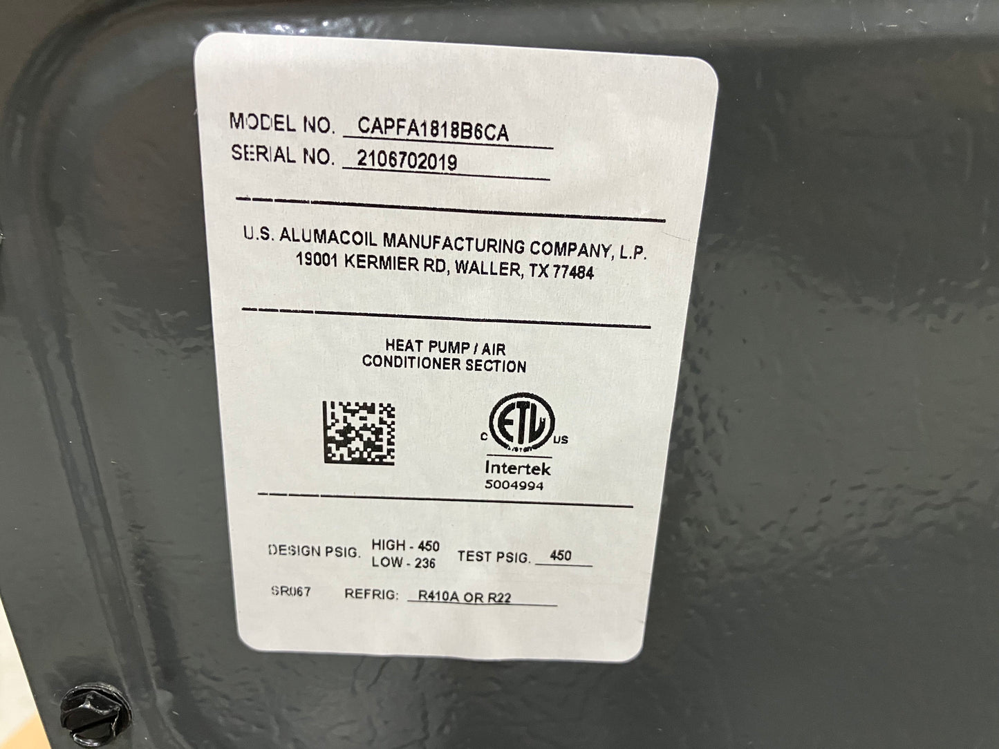 1.5 Ton AC/HP Downflow / Upflow Cased 'A' Coil; R-410A, CFM: 800