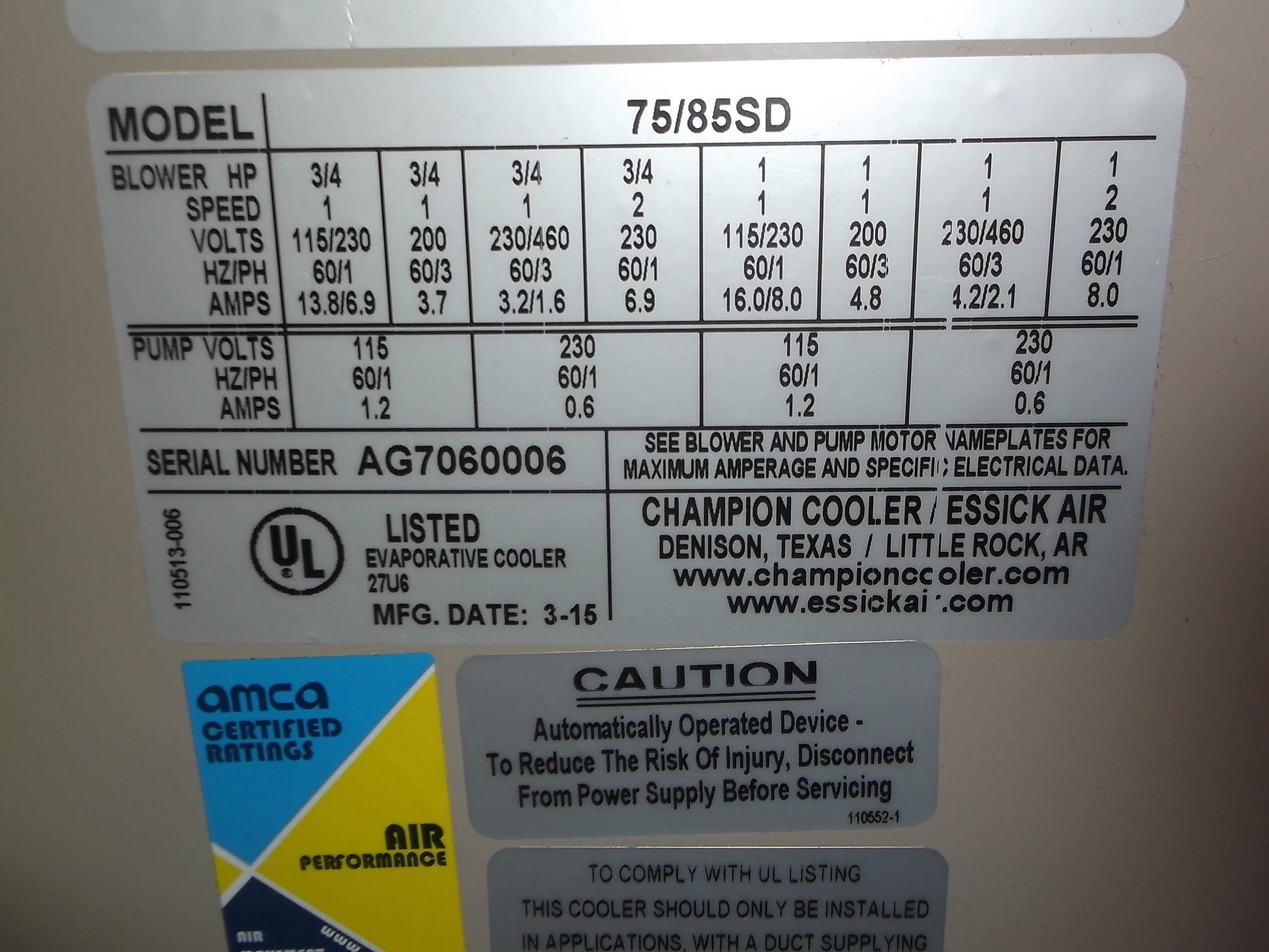 DUCTED 7500 TO 8500 CFM EVAPORATIVE COOLER, 115/60/1 LESS DRIVE PACKAGE