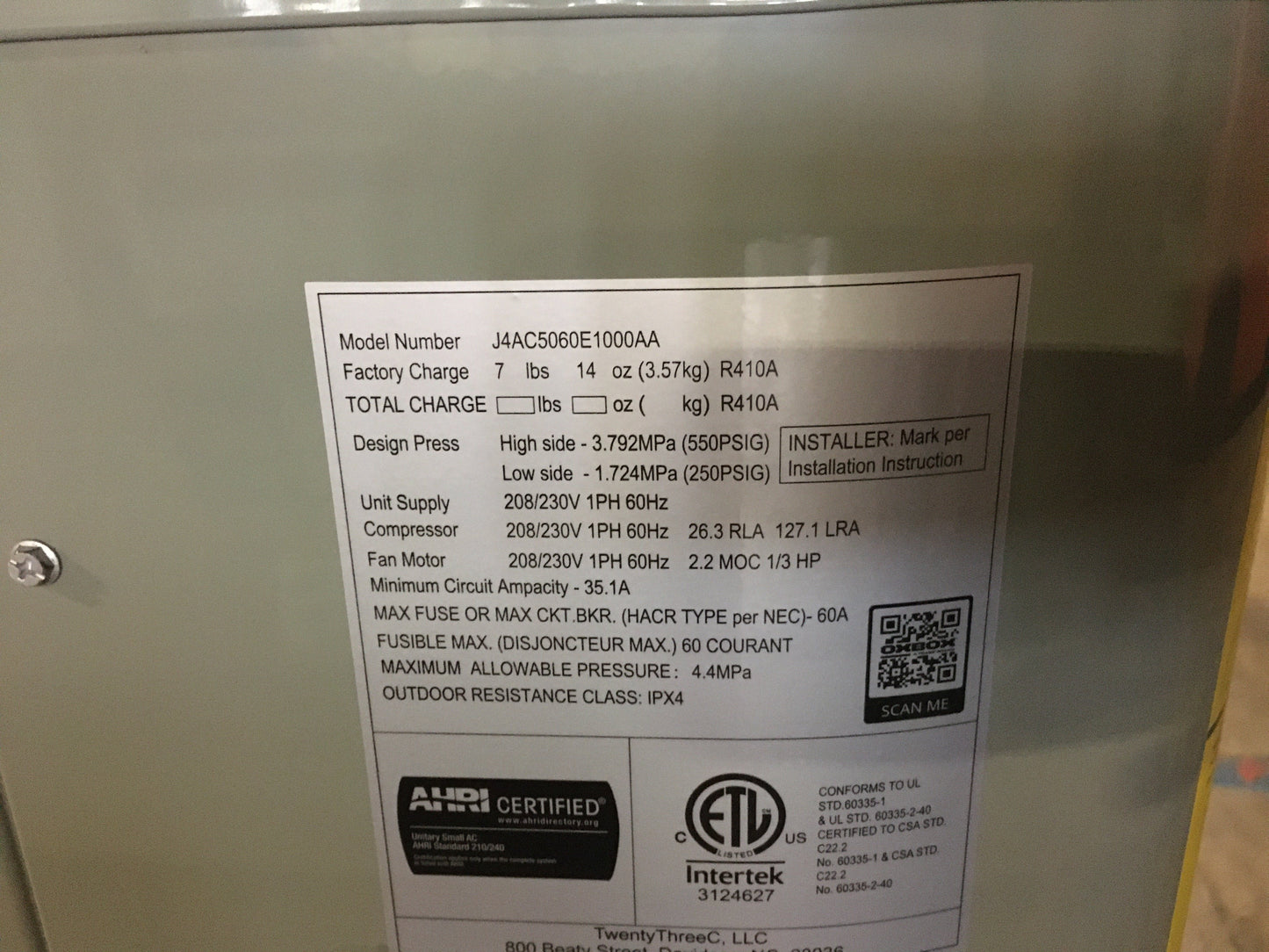 5 Ton Split-System Air Conditioner 208-230/60/1 R410A 14.3 Seer