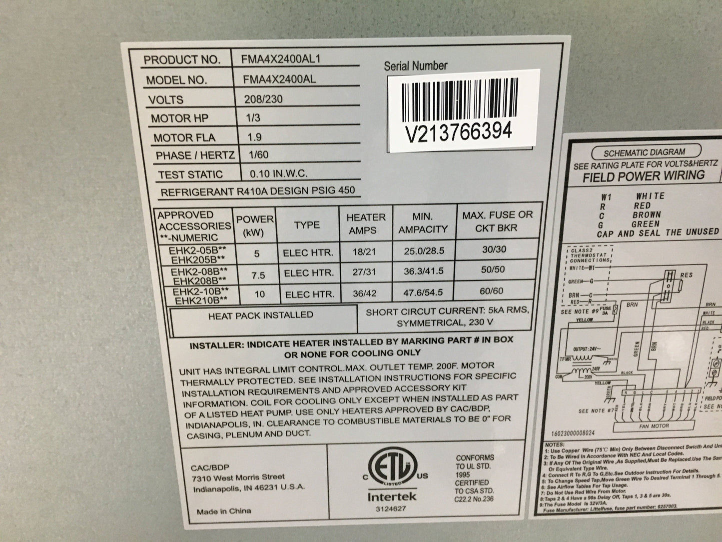 2 Ton AC/HP Upflow Variable Speed ECM Wall Mount Air Handler 208-230/60/1 R-410A CFM 900