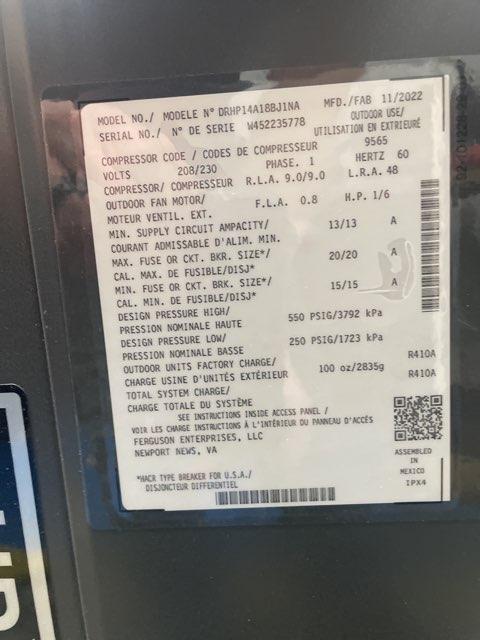 1.5 Ton Split System Heat Pump; 208/230/60/1, R-410A, 14 Seer
