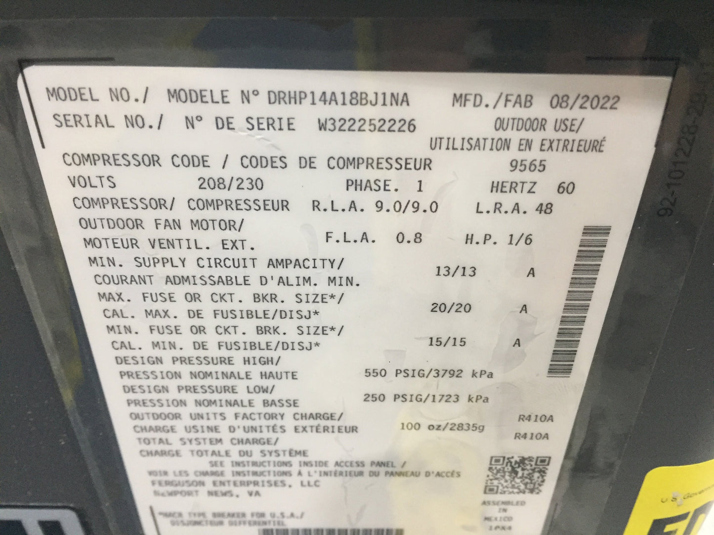 1.5 Ton Split System Heat Pump; 208/230/60/1, R-410A, 14 Seer