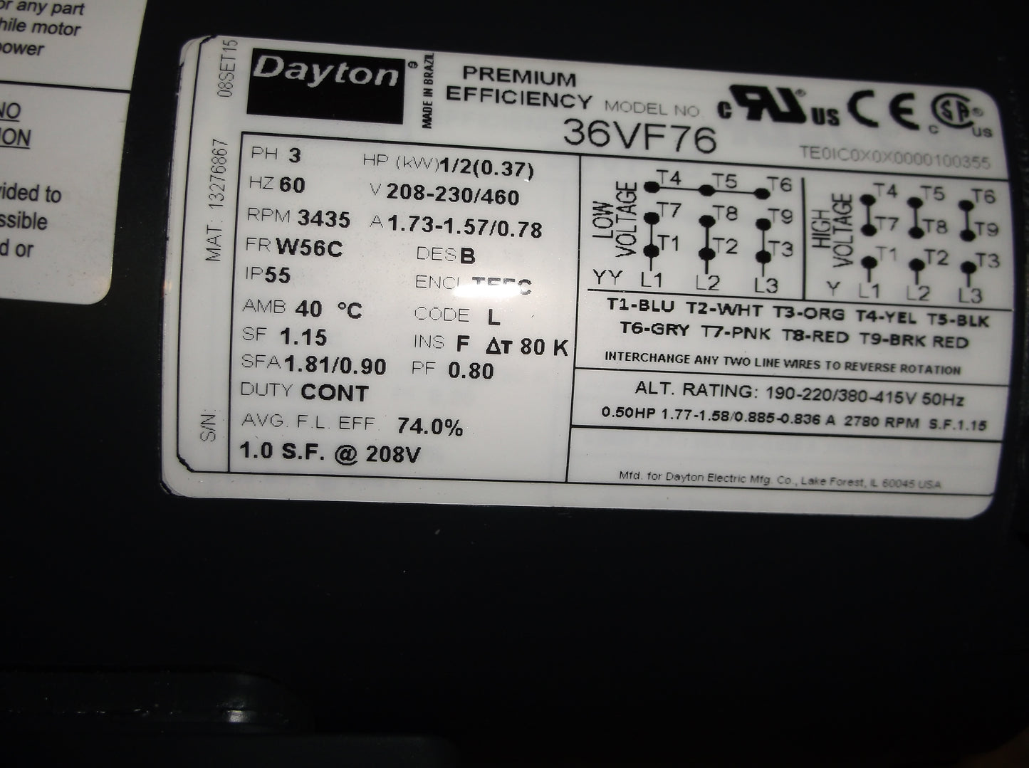 1/2HP PREMIUM EFFICIENCY INVERTER RATED INDUSTRIAL MOTOR 208-230/460/60/3  RPM:3435/1-SPEED