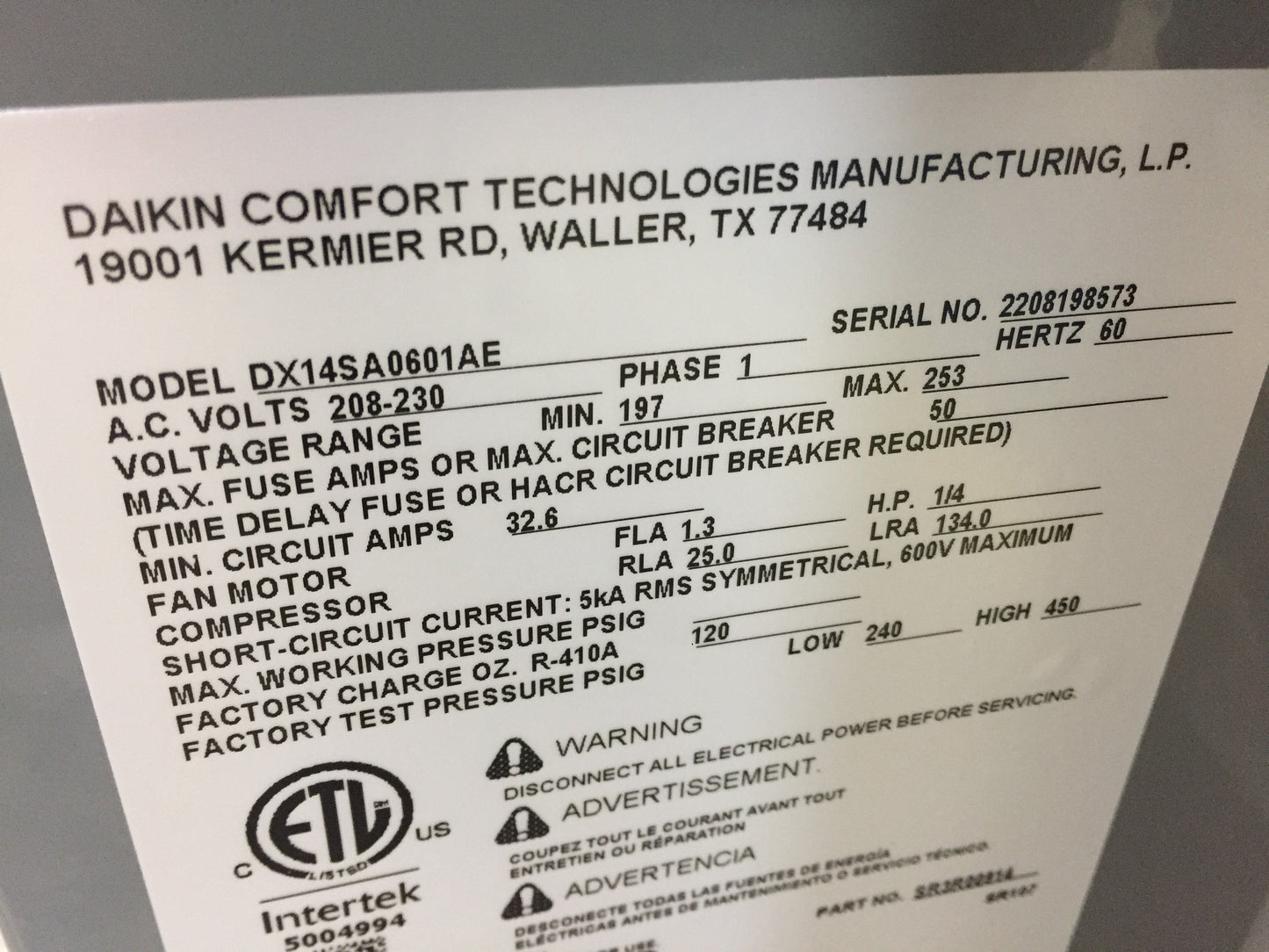 5 Ton Split-System Air Conditioner 208-230/60/1, R-410A, 14 Seer