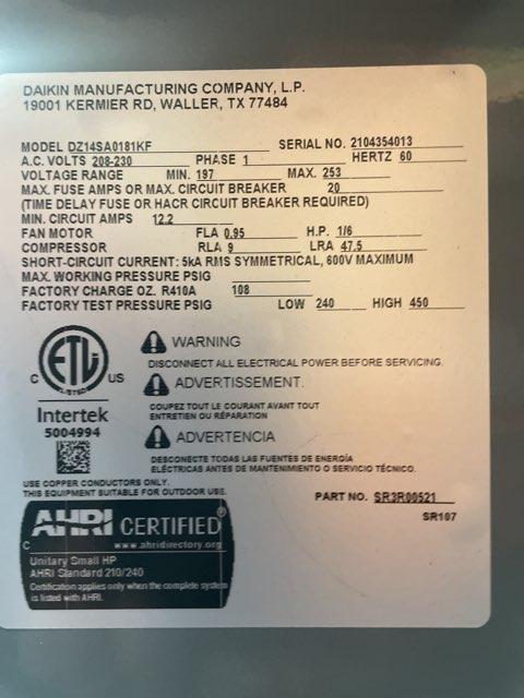 1.5 Ton Split-System Heat Pump 208-230/60/1 R-410A 14 SEER