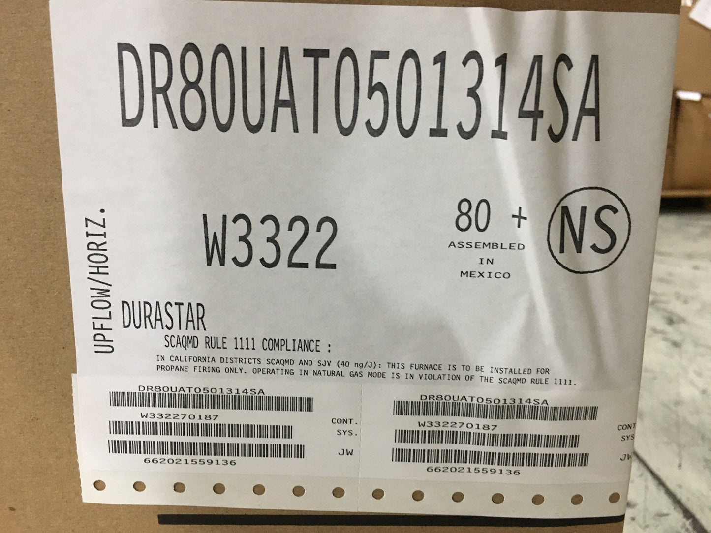 50,000 BTU Single Stage Upflow/Horizontal Natural Gas Furnace, 80% 115/60/1 1200 CFM