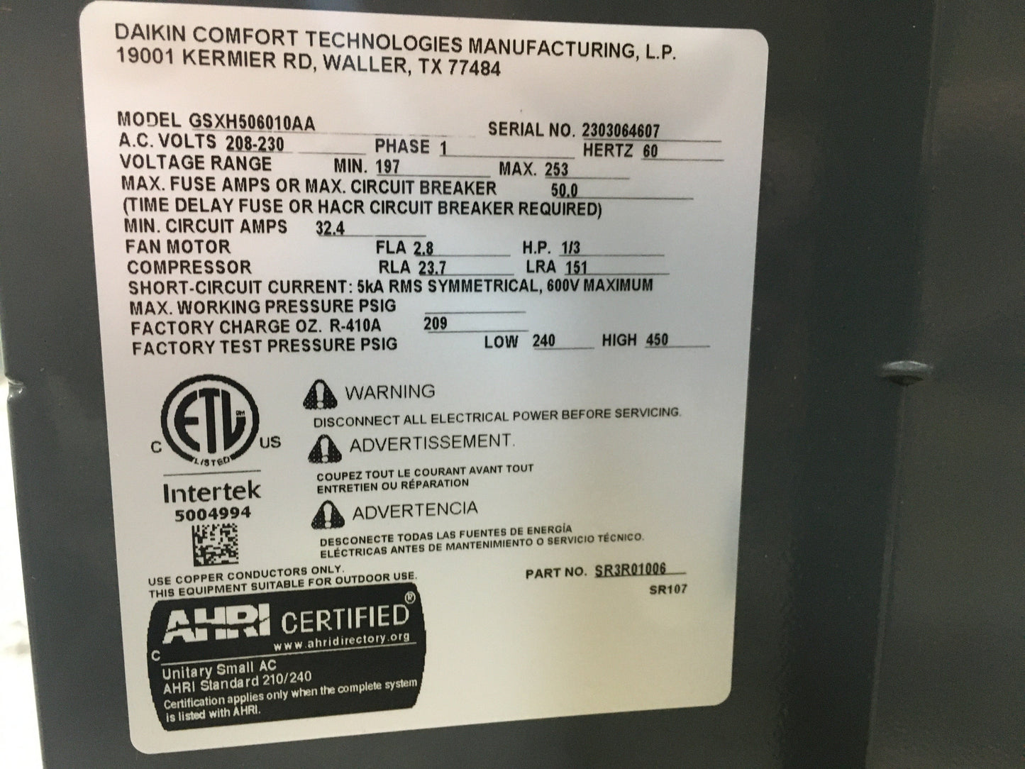 5 Ton 2 Stage Split-System Air Conditioner 208-230/60/1 R-410A 15.2 Seer2