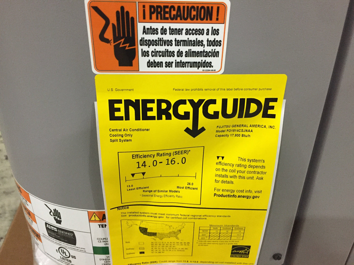 Aire acondicionado de sistema dividido de 1,5 toneladas, 208-230/60/1 R410A, 14 Seer