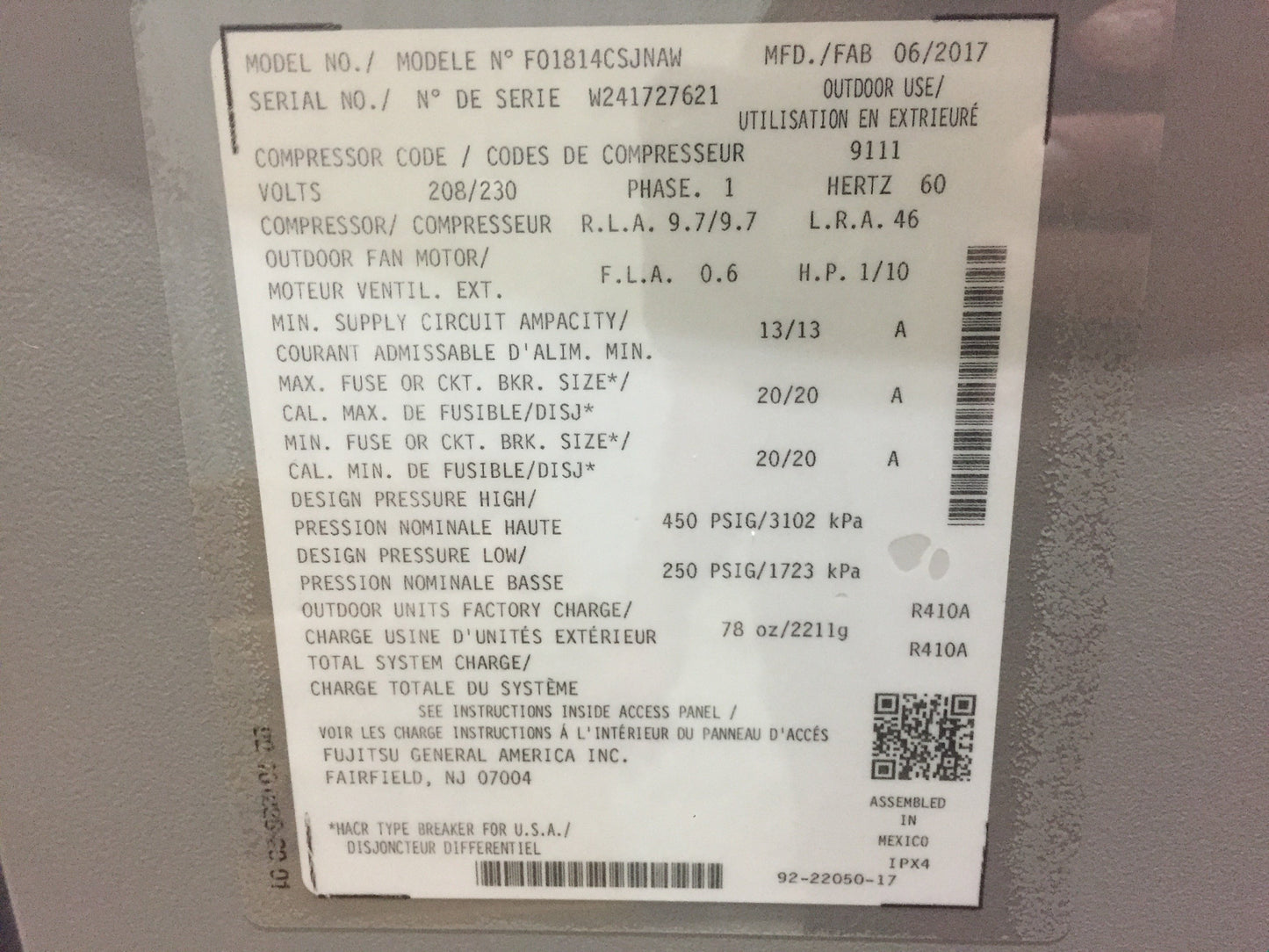 Aire acondicionado de sistema dividido de 1,5 toneladas, 208-230/60/1 R410A, 14 Seer