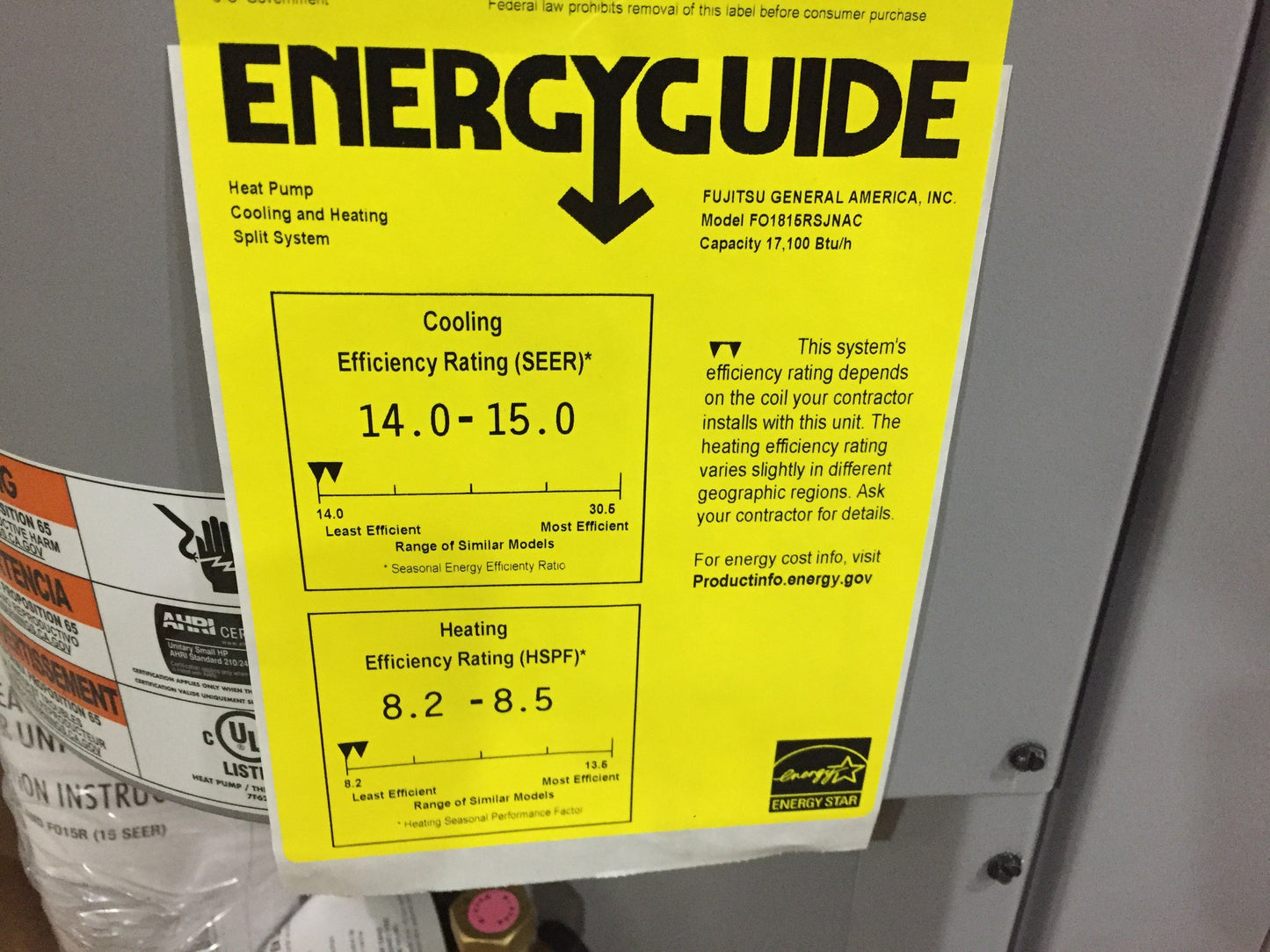 Bomba de calor de sistema dividido de 1,5 toneladas 208-230/60/1 R410A 15 Seer
