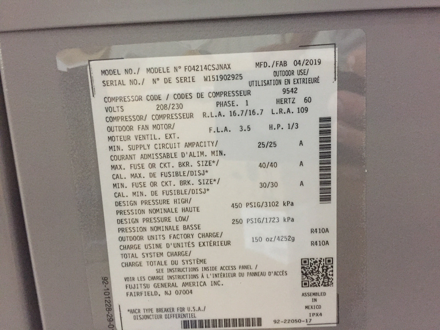 Aire acondicionado de sistema dividido de 3,5 toneladas, 208-230/60/1 R410A, 14 Seer