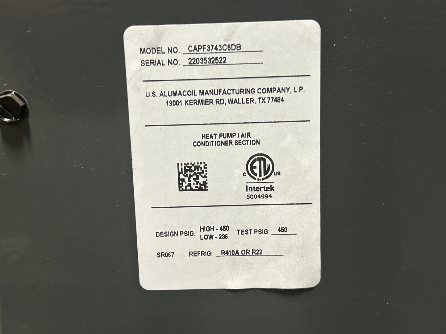 3.5 Ton AC/HP Upflow/Downflow Cased A Coil; R22/R410A, CFM 2200