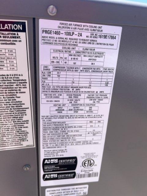 5 Ton Convertible Low-NOx Natural Gas/Electric Packaged Unit, 14 SEER, 208-230/60/1, R410A