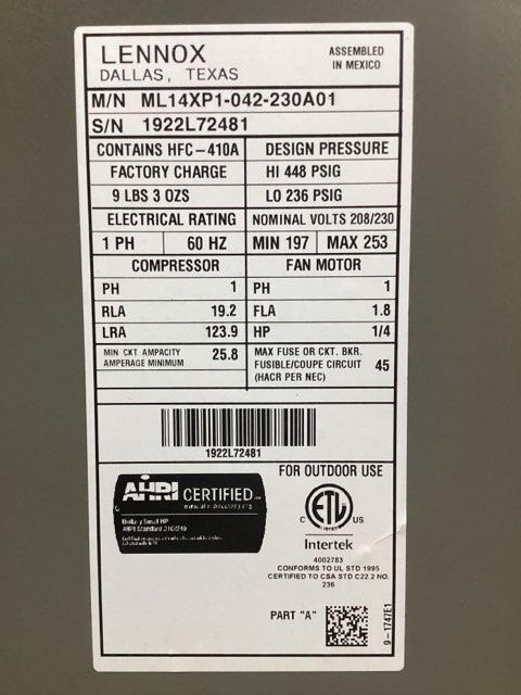 3.5 Ton Single Stage Split-System Heat Pump; 208-230/60/1, R-410A, 14 SEER