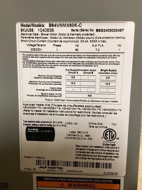 5 Ton AC/HP Multiposition ECM Air Handler 208-230/60/1 R-410A CFM 1600