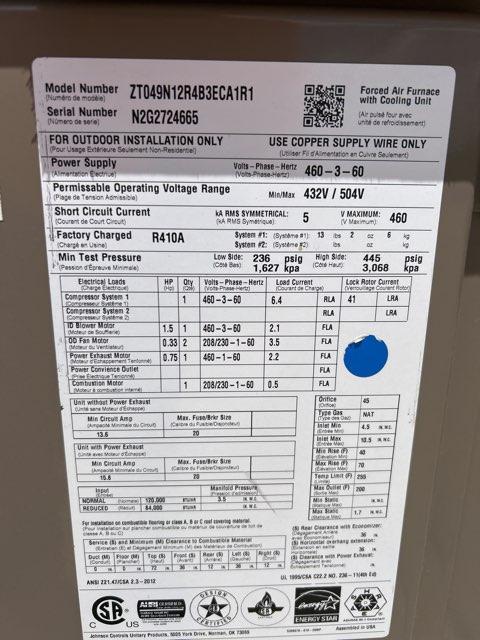 4 Ton Two-Stage Convertible Natural Gas/Electric Packaged Unit, 17.5 SEER, 460/60/3, R410A