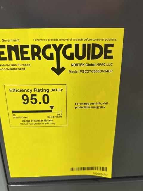 60,000 BTU Low NOx 2-Stg Upflow/Horizontal ECM Variable Speed Gas Furnace 95.1% 115/60/1 CFM: 1700