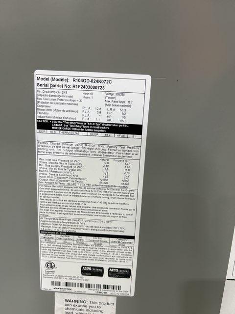 2 Ton Single-Stage Convertible Natural Gas/Electric Packaged Unit, 13.4 SEER2, 208-230/60/1, R410A