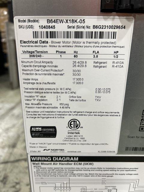 1.5 Ton AC/HP ECM Wall Mounted Air Handler With 5 KW Heat, 208-230/60/1 R-410A CFM 1180