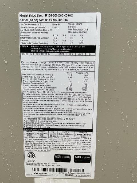 5 Ton Single-Stage Convertible Natural Gas/Electric Packaged Unit, 13.4 SEER2, 208-230/60/1, R410A