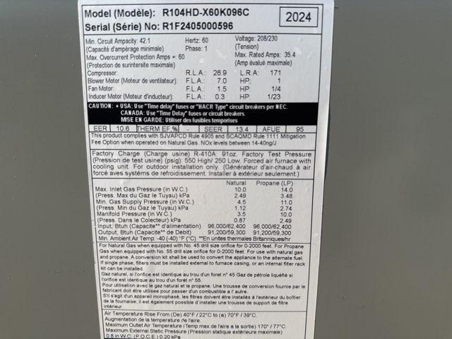 5 Ton 1-Stg Horizontal Natural Gas/Electric Packaged Unit, 95%, 13.4 SEER2, 208-230/60/1, R410A
