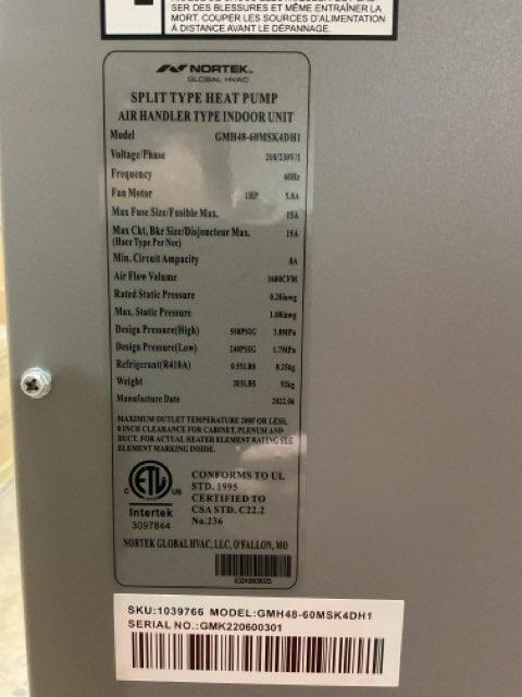 54,000 BTU Indoor Inverter Heat Pump Air Handler Unit, 17 SEER 208-230/60/1 R-410A