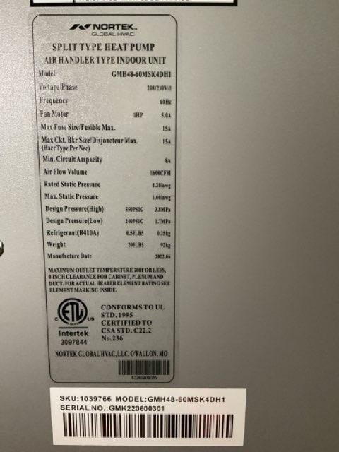 54,000 BTU Indoor Inverter Heat Pump Air Handler Unit, 17 SEER 208-230/60/1 R-410A