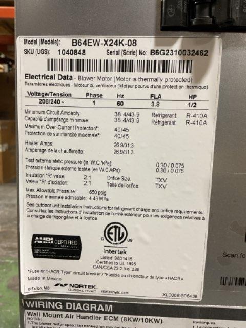 2 Ton AC/HP ECM Wall Mounted Air Handler With 8 KW Heat, 208-230/60/1 R-410A CFM 1180
