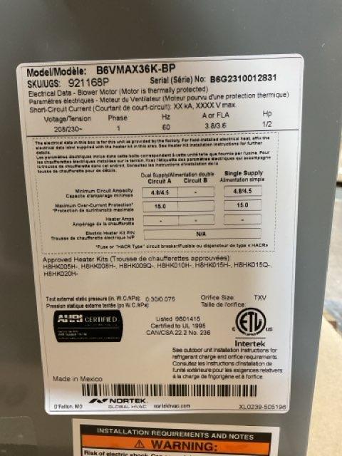 3 Ton AC/HP ECM Multiposition Air Handler 208-230/60/1 R-410A CFM 1600