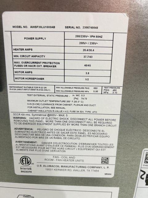 2.5 Ton Wall Mounted ECM Air Handler With 8Kw Heat 208-240/60/1 R-410A CFM 1168