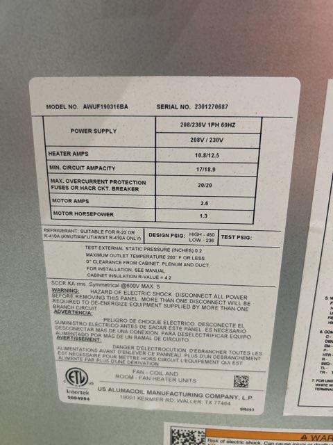 1.5 Ton AC/HP Wall Mounted ECM Air Handler With 3Kw Heat 208-240/60/1 R-410A CFM 899
