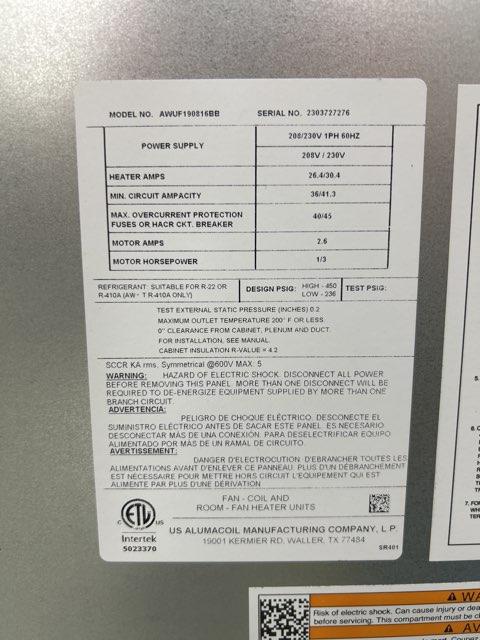 1.5 Ton Wall Mounted ECM Air Handler With 8Kw Heat 208-240/60/1 R-410A CFM 899