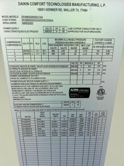 7.5 Ton Two-Stage Convertible Packaged Heat Pump Unit, 11 EER, 208-230/60/3, R410A