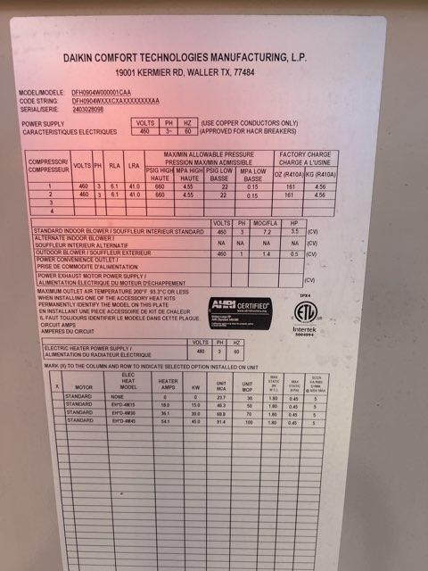 7.5 Ton Two-Stage Convertible Packaged Heat Pump Unit, 11 EER, 460/60/3, R410A