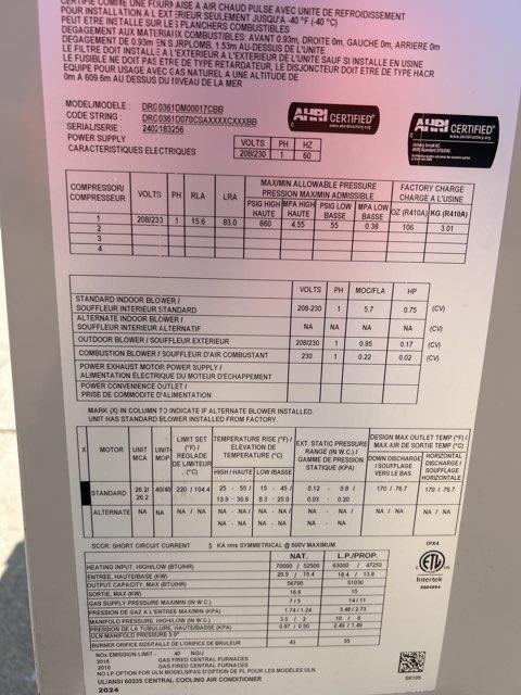 3 Ton Two-Stage Convertible Natural Gas/Electric Packaged Unit, 16.4 SEER2, 208-230/60/1, R410A