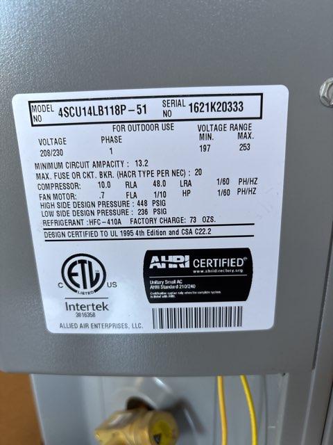1.5 Ton Single-Stage Split-System Air Conditioner 208-230/60/1 R410A 14 SEER
