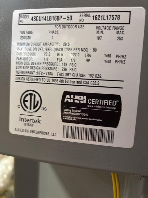 5 Ton Single-Stage Split-System Air Conditioner 208-230/60/1 R410A 14 SEER