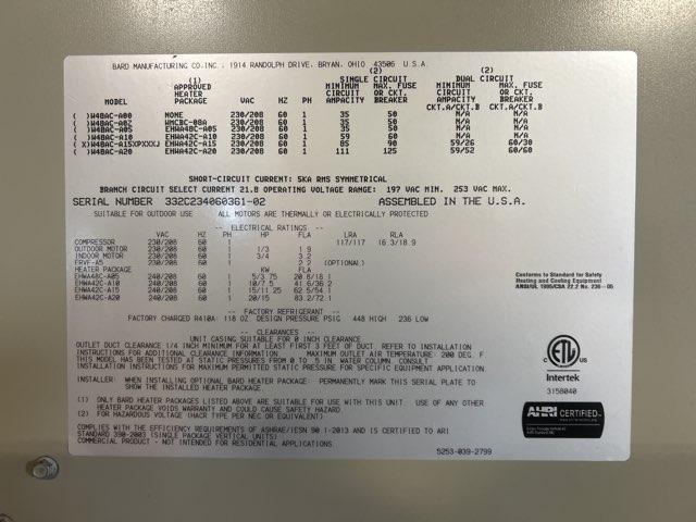 4 Ton Wall Mount Air Conditioner with 15 KW Heat, 208-230/60/1, R-410A, EER: 11
