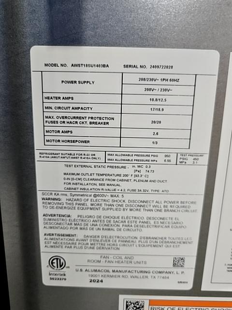 1.5 Ton AC/HP ECM Wall Mounted Air Handler With 5 KW Heat, 208-230/60/1 R-410A CFM 846