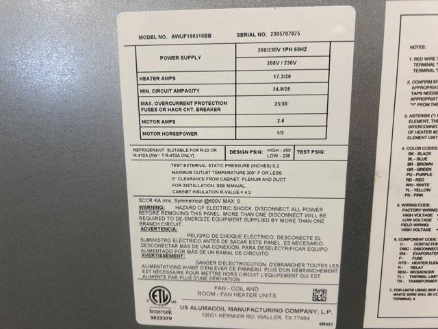 1.5 Ton AC/HP ECM Wall Mounted Air Handler With 5 KW Heat, 208-230/60/1 R22/R-410A CFM 899