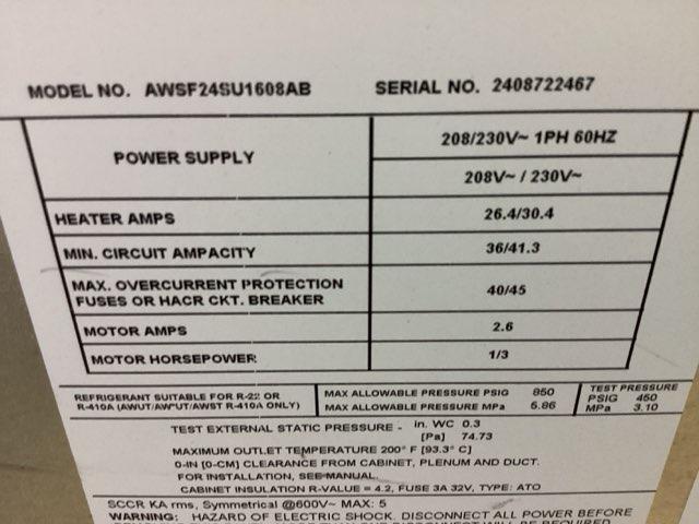 2 Ton AC/HP ECM Wall Mounted Air Handler With 8 KW Heat, 208-230/60/1 R-410A CFM 846