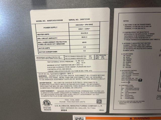 2 Ton AC/HP ECM Wall Mounted Air Handler With 8 KW Heat, 208-230/60/1 R-410A CFM 846