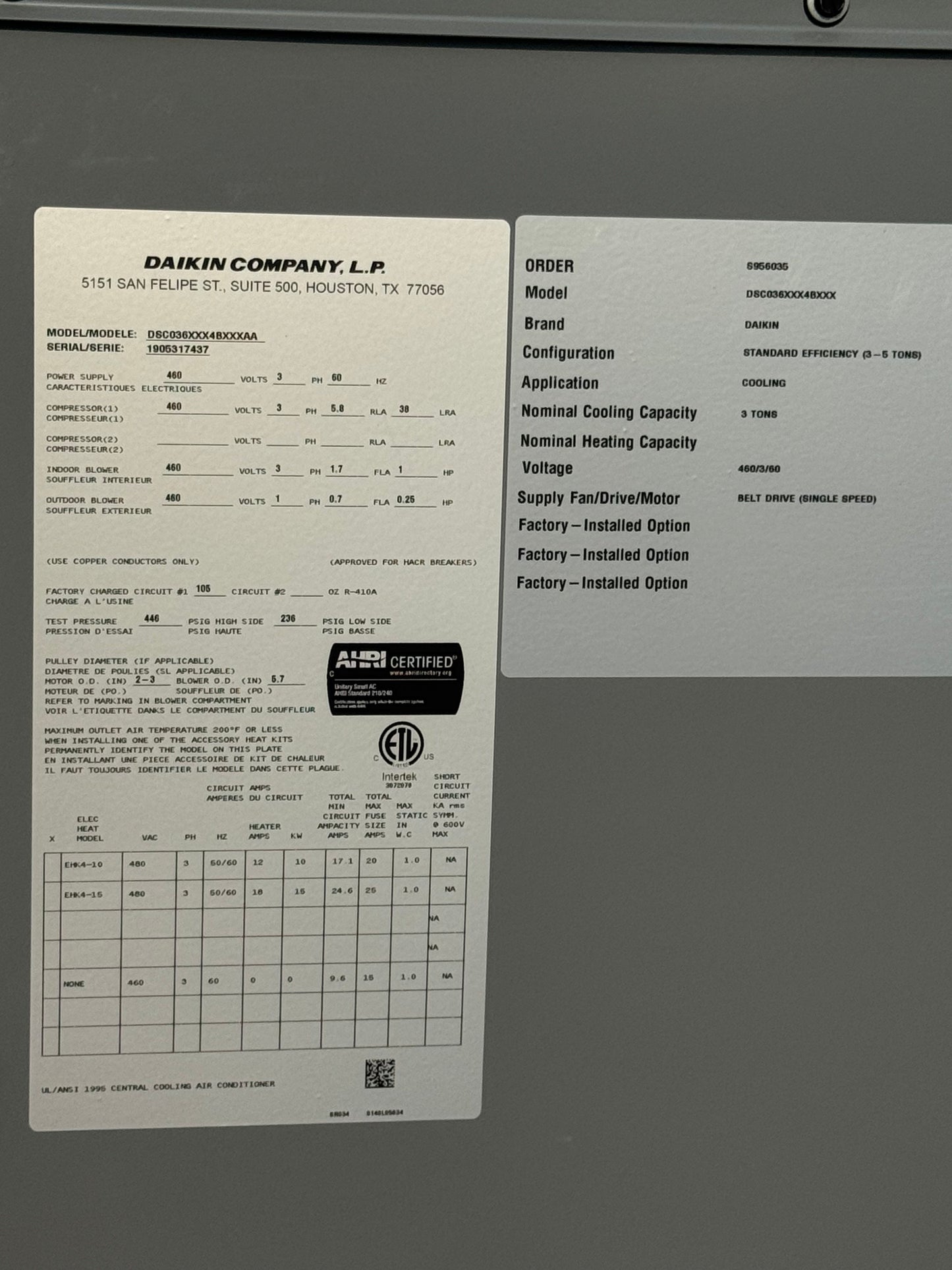 3 Ton Single-Stage Convertible Packaged Air Conditioning Unit, 14 SEER, 460/60/3, R410A