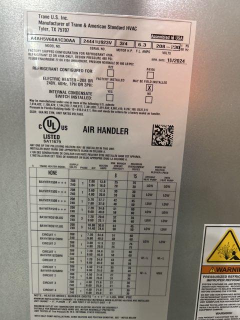5 Ton Multiposition Air Handler and 8 Kw Electric Heat Kit With Breaker 240/60/1