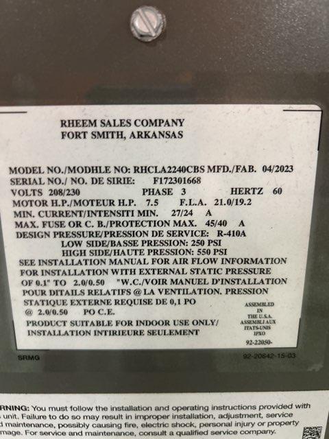 灰ページ 20 Ton AC Only ECM Multiposition Air Handler 208-230/60/3 R-410A