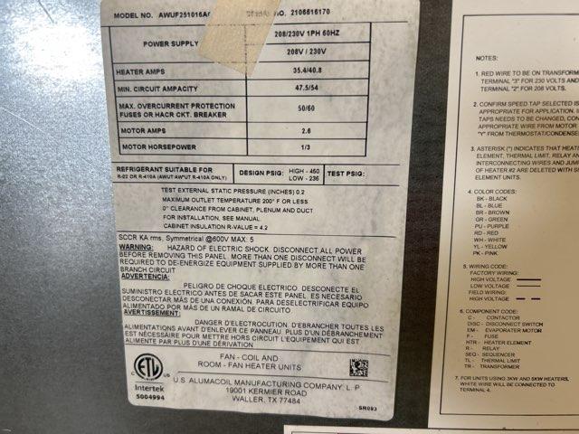 2 Ton AC/HP PSC Wall Mounted Air Handler With 10 KW Heat, 208-230/60/1 R22/R-410A CFM 899
