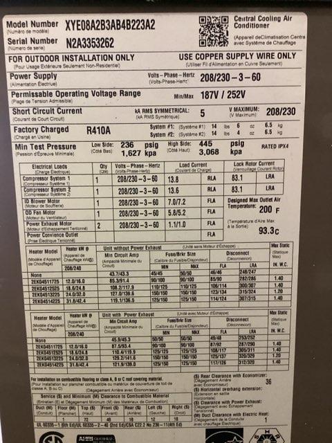 7.5 Ton Two-Stage Convertible Packaged Heat Pump Unit, 12.1 EER, 208-230/60/3, R410A