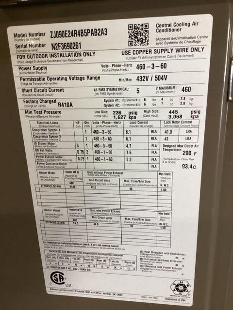 7.5 Ton 2-Stg Convertible Packaged Air Conditioning Unit W/ 24 Kw Heat, 12.2 EER, 460/60/3, R410A