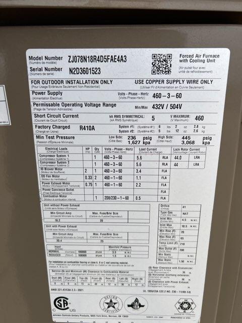 6.5 Ton Two-Stage Convertible Natural Gas/Electric Packaged Unit, 11.8 EER, 460/60/3, R410A